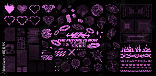 Retrofuturistic graphic set - Y2K elements, 3D universal geometric shapes, grid, wireframe in pink color. Hearts in the style of old tattoos, from a chain, fire, neo-tribal. Cyberpunk Y2K vector set.