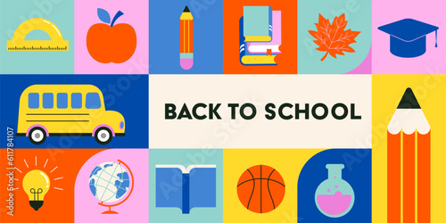 Vibrant Color Back To School background concept design. Geometrical flat style illustration, banner and poster. School supplies and yellow bus illustration
