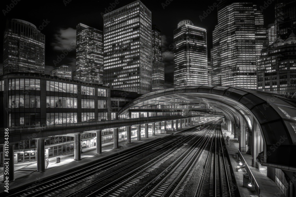 vintage train station in black and white. Generative AI