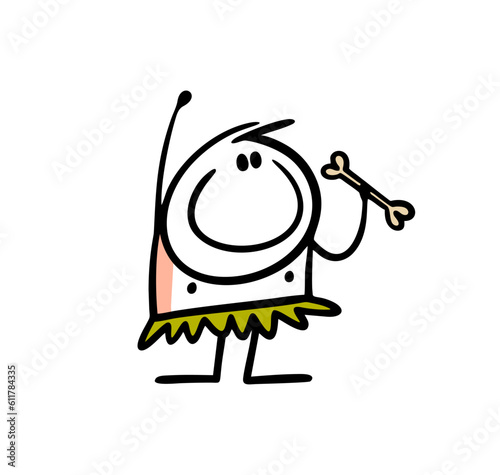 Funny man-eating savage dancing and holding a human bone in his hands. Prehistoric man in a loincloth without clothes.