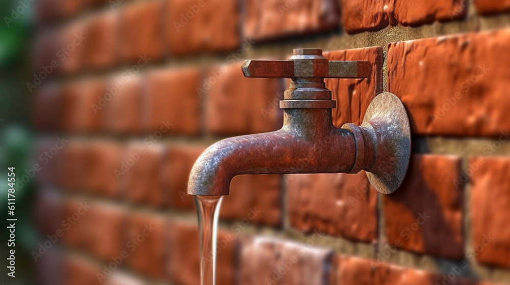 Oldfashioned water tap mountain at the exterior of a red brick wall