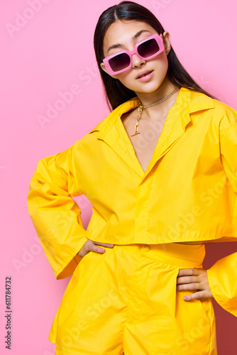 attractive woman cheerful young yellow trendy beautiful sunglasses girl lifestyle fashion