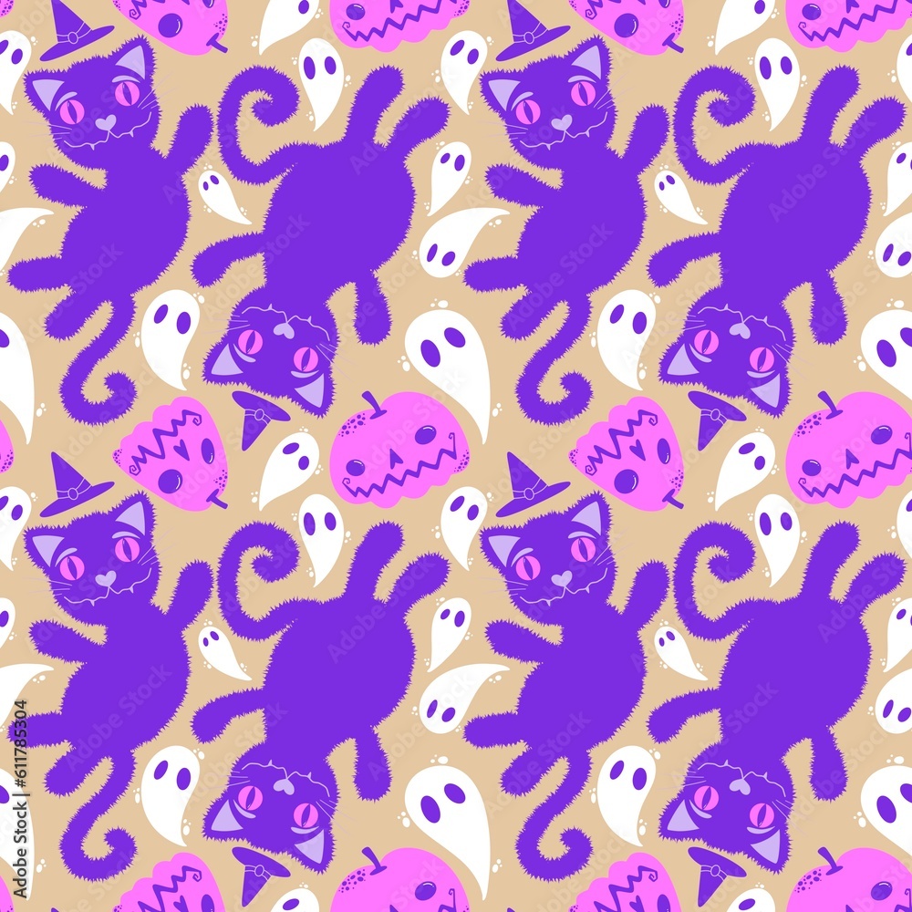 Halloween cartoon black cats seamless animals fluffy monsters pattern for wrapping paper and fabrics and linens Halloween cartoon black cats seamless animals fluffy monsters pattern for wrapping paper and fabrics and linens