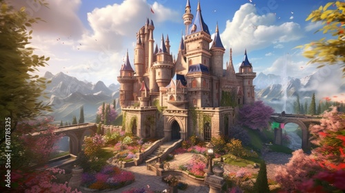 Grand and enchanting game art castle straight out of a fairy tale, complete with towering turrets, a drawbridge, and a sprawling garden