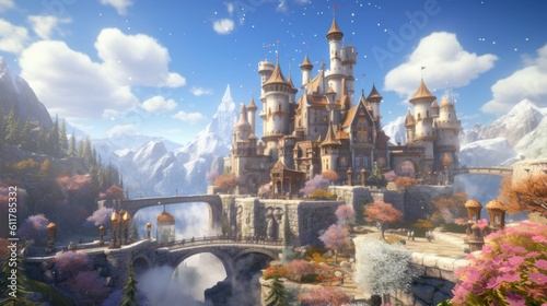 Grand and enchanting game art castle straight out of a fairy tale, complete with towering turrets, a drawbridge, and a sprawling garden