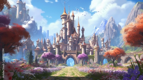 Grand and enchanting game art castle straight out of a fairy tale, complete with towering turrets, a drawbridge, and a sprawling garden