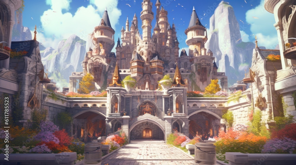 Grand and enchanting game art castle straight out of a fairy tale, complete with towering turrets, a drawbridge, and a sprawling garden Grand and enchanting game art castle straight out of a fairy tale, complete with towering turrets, a drawbridge, and a sprawling garden