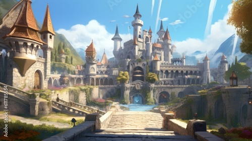 Grand and enchanting game art castle straight out of a fairy tale, complete with towering turrets, a drawbridge, and a sprawling garden