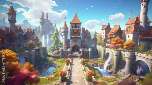 Grand and enchanting game art castle straight out of a fairy tale, complete with towering turrets, a drawbridge, and a sprawling garden