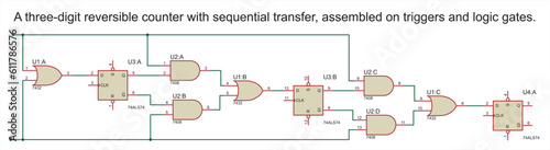 A three-digit reversible counter with
sequential transfer, assembled
on triggers and logic gates.
Vector background with electrical scheme.
Schematic diagram of electronic device. Electric circuit.