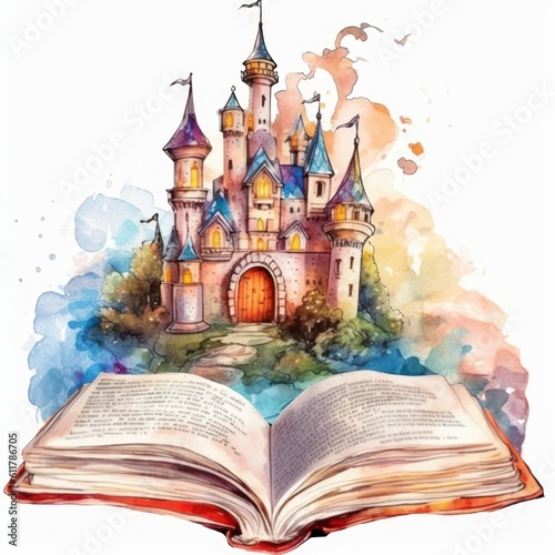 Clipart: Mythical Watercolor Castle Emerging from an Open Book (Generative AI)