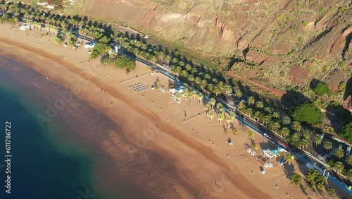 Aerial view above rainbow colored swimming beach - Playa de Las Teresitas - in San Andres Tenerife Canary Islands	 photo