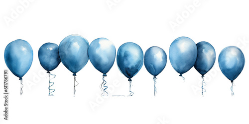 row of round blue ballons in watercolor design on transparent background