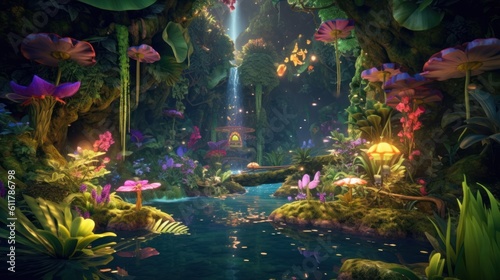 Lush enchanted garden with talking animals  fairies  and sparkling waterfalls