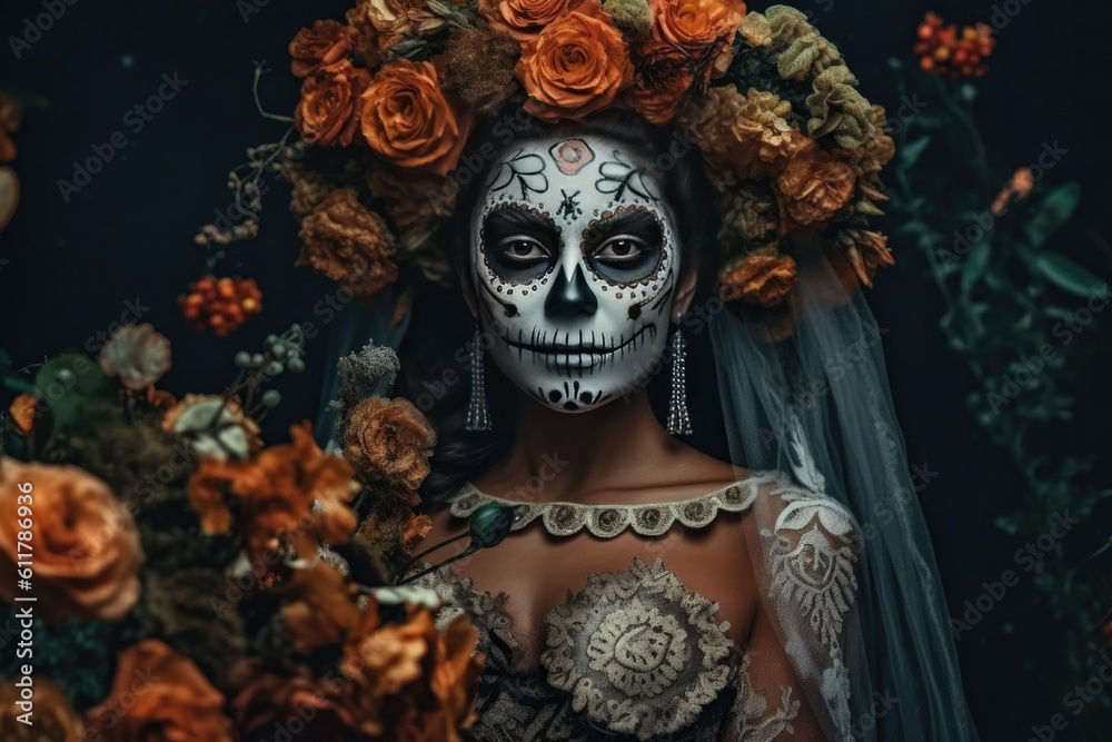 Woman with Sugar Skull Make Up and Flowers. Day of the Dead. Halloween. Copy Space. Banner. Generative AI