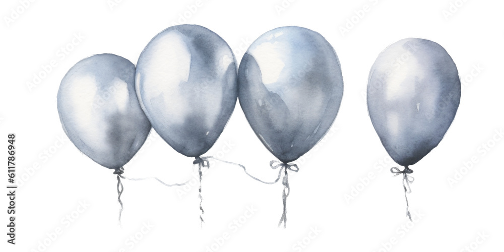 row of round silver ballons in watercolor design on transparent background row of round silver ballons in watercolor design on transparent background