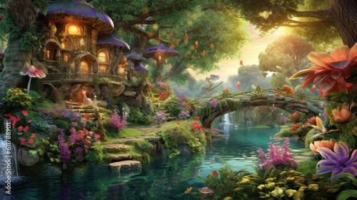 Lush enchanted garden with talking animals, fairies, and sparkling waterfalls