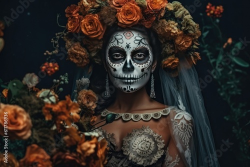 Woman with Sugar Skull Make Up and Flowers. Day of the Dead. Halloween. Copy Space. Banner. Generative AI © JJAVA