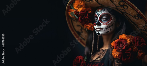 Woman with Sugar Skull Make Up and Flowers. Day of the Dead. Halloween. Copy Space. Banner. Generative AI