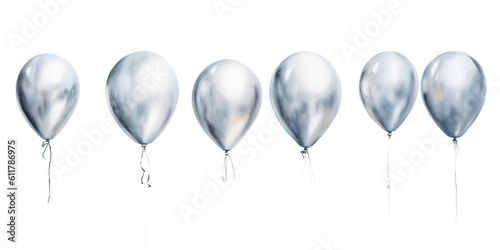 row of round silver ballons in watercolor design on transparent background