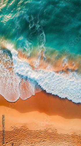 Aerial view of wave rolling in on beach
