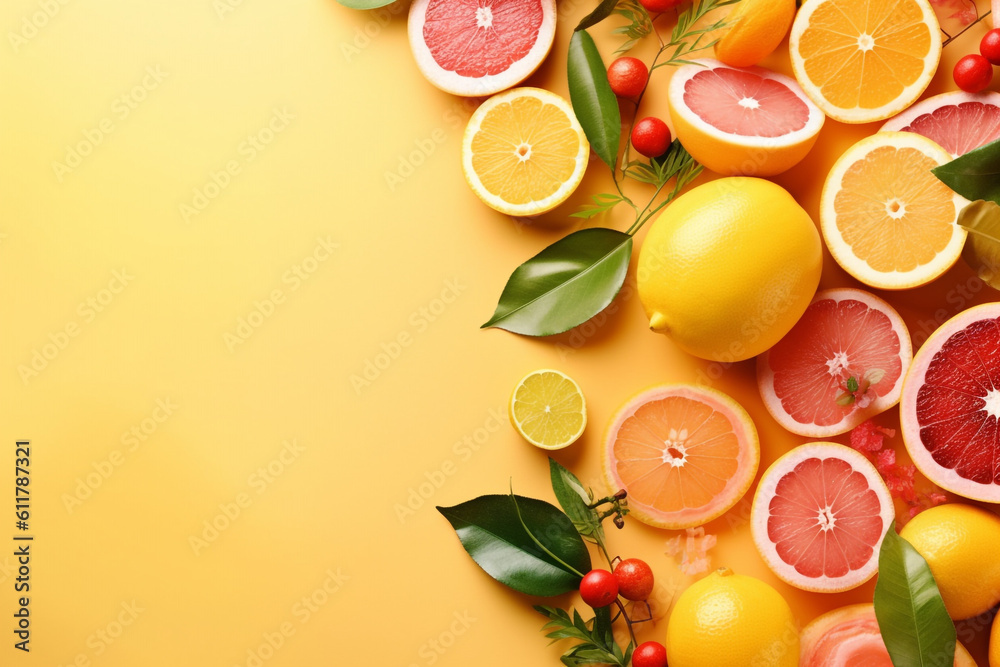 Creative yellow background with tropical summer fruits. High quality photo Generative AI