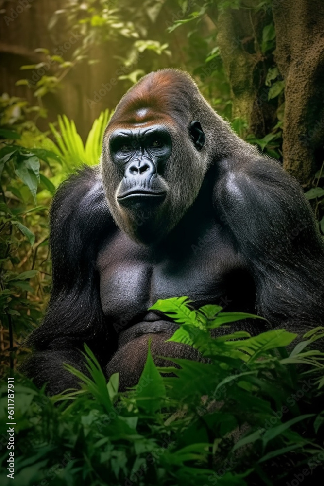 Gorilla close up in jungle greenery. Generative ai