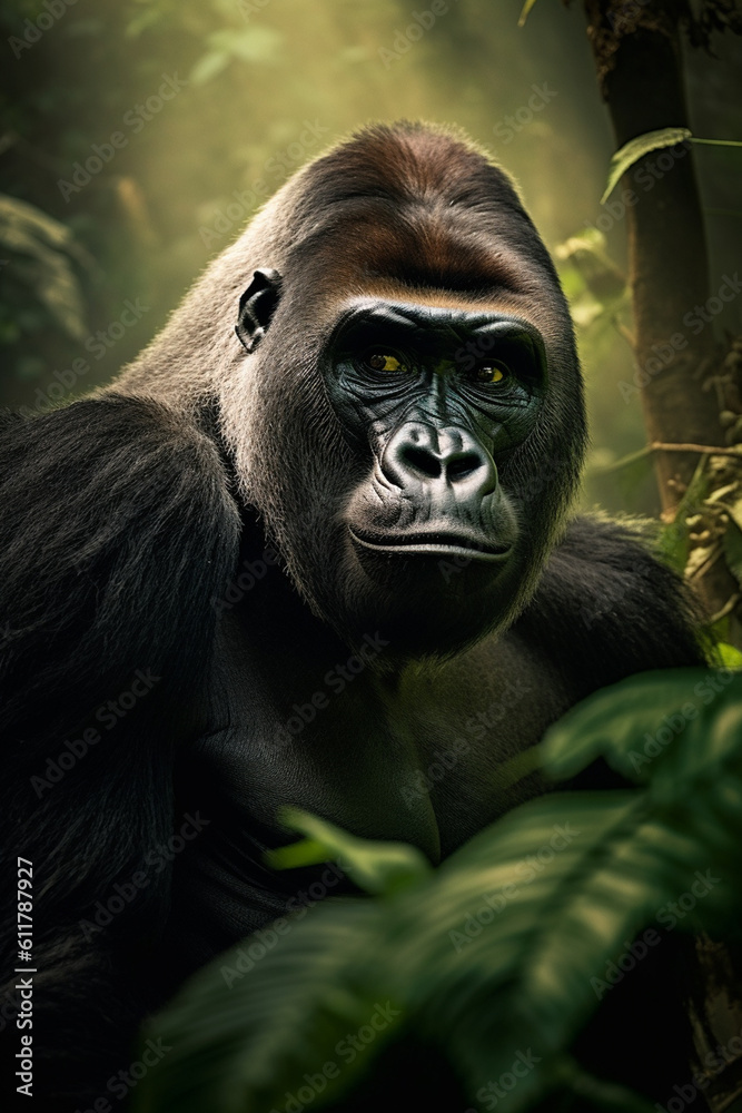 Gorilla close up in jungle greenery. Generative ai