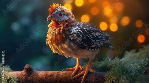 Full Body wild chicken on the tree. Beautiful Chicken with orange eyes, photo