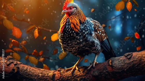 Full Body wild chicken on the tree. Beautiful Chicken with orange eyes, photo