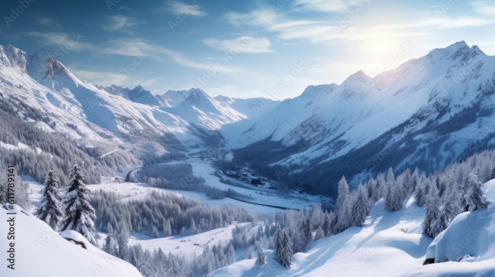 Serene mountain range covered in snow, with a breathtaking view of the valley below Serene mountain range covered in snow, with a breathtaking view of the valley below