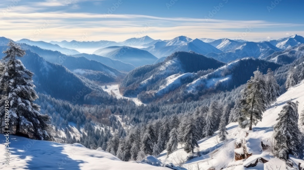 Serene mountain range covered in snow, with a breathtaking view of the valley below