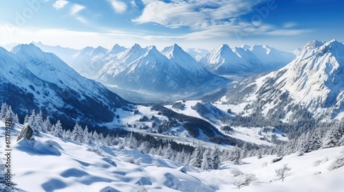 Serene mountain range covered in snow  with a breathtaking view of the valley below