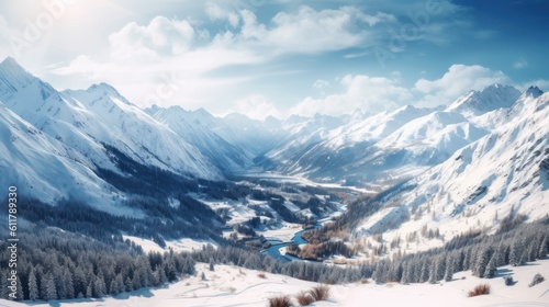 Serene mountain range covered in snow  with a breathtaking view of the valley below