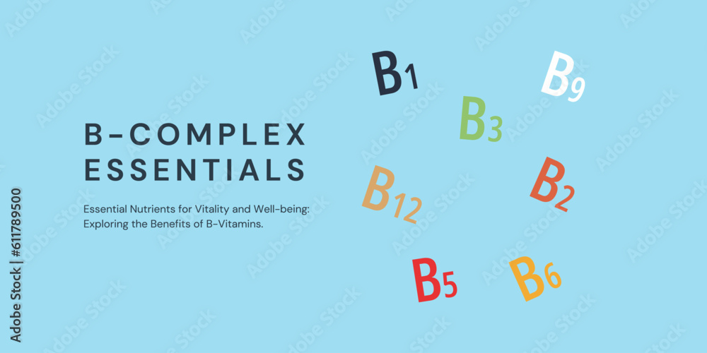 B-Complex Essentials Banner on Blue Background. Stylish B-Vitamins Banner with Text and Icons for Healthcare and Medical B-Complex Essentials Banner on Blue Background. Stylish B-Vitamins Banner with Text and Icons for Healthcare and Medical