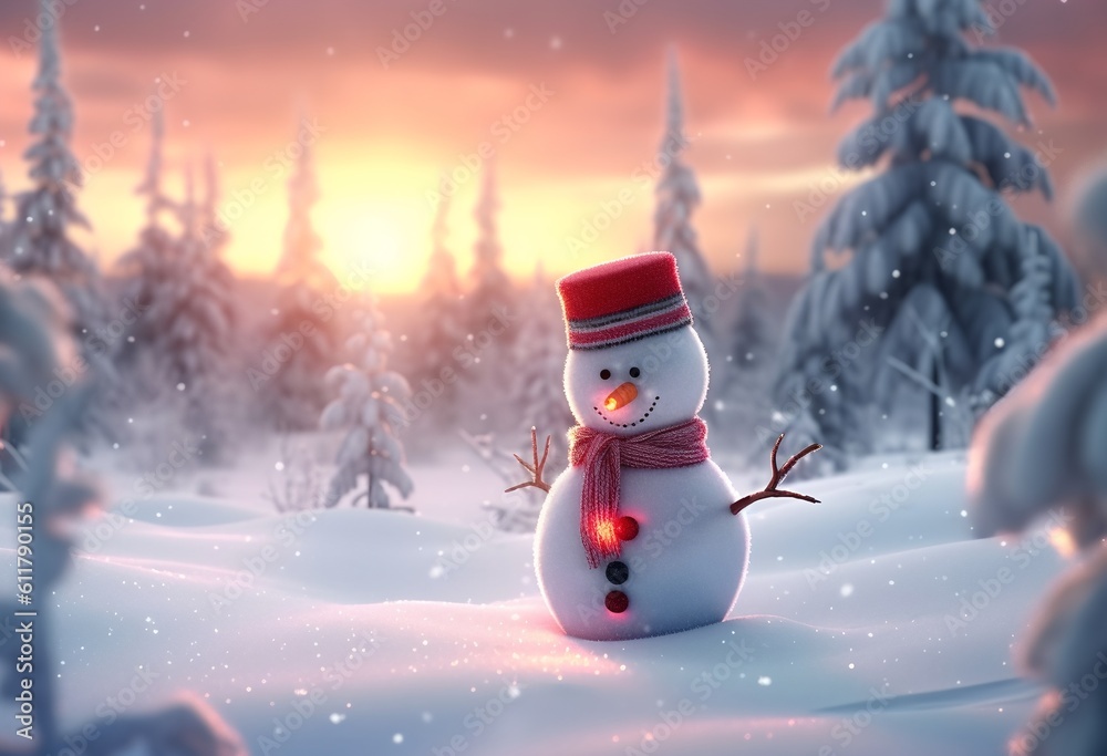 Obraz premium Christmas snowman on snow, generative ai