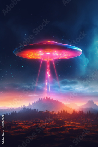 UFO neon lights glowing in dark night. Generative ai 