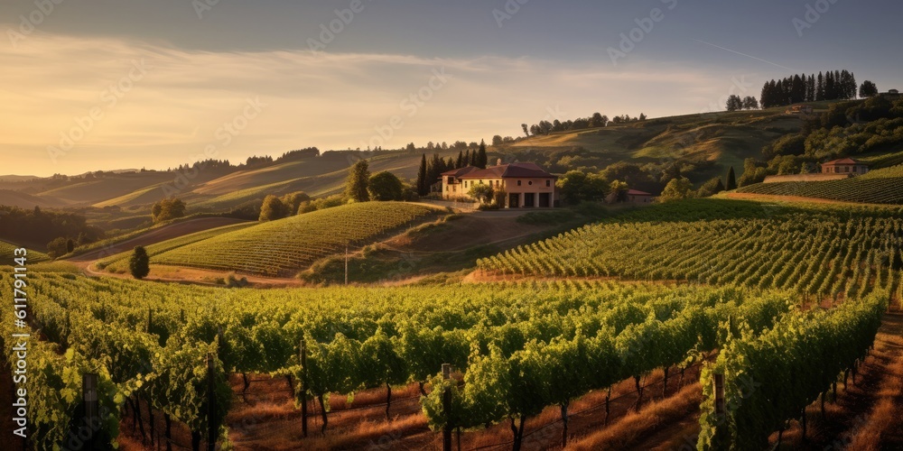 Rows of grapevines stretching across gentle slopes, with a rustic winery nestled among the vineyard  Generative AI Digital Illustration Part#100623