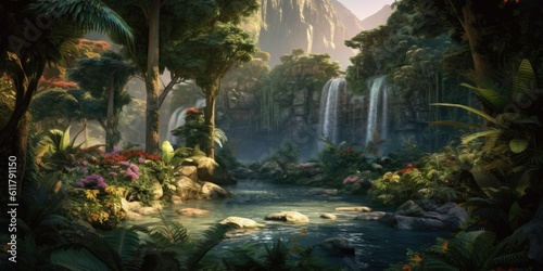 Exotic Waterfall - A majestic waterfall surrounded by lush tropical vegetation Generative AI Digital Illustration Part#100623