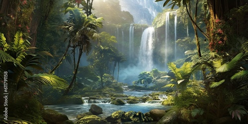 Exotic Waterfall - A majestic waterfall surrounded by lush tropical vegetation  Generative AI Digital Illustration Part 100623