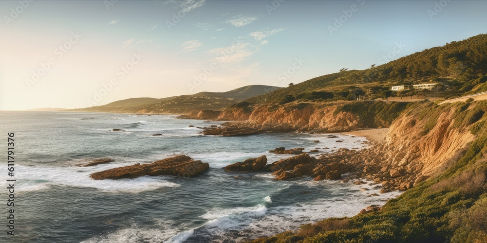  tranquil coastal cliff overlooking the vast expanse of the ocean, with waves crashing against the rocks below  Generative AI Digital Illustration Part#110623