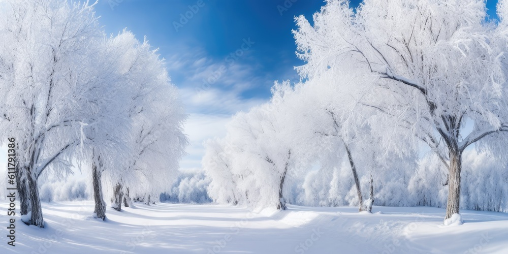  snowy winter landscape, with frosted trees, glistening icicles, and a blanket of pristine snow  Generative AI Digital Illustration Part#110623