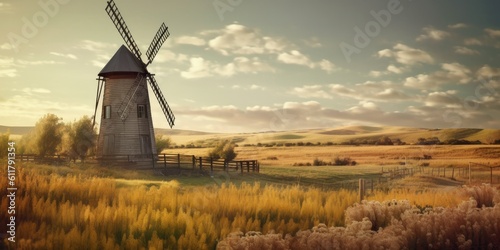rustic countryside windmill standing amidst golden fields, with a gentle breeze turning its sails  Generative AI Digital Illustration Part#110623 photo