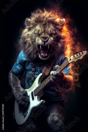 A Lion playing eletric guitar wearing metal band shirt