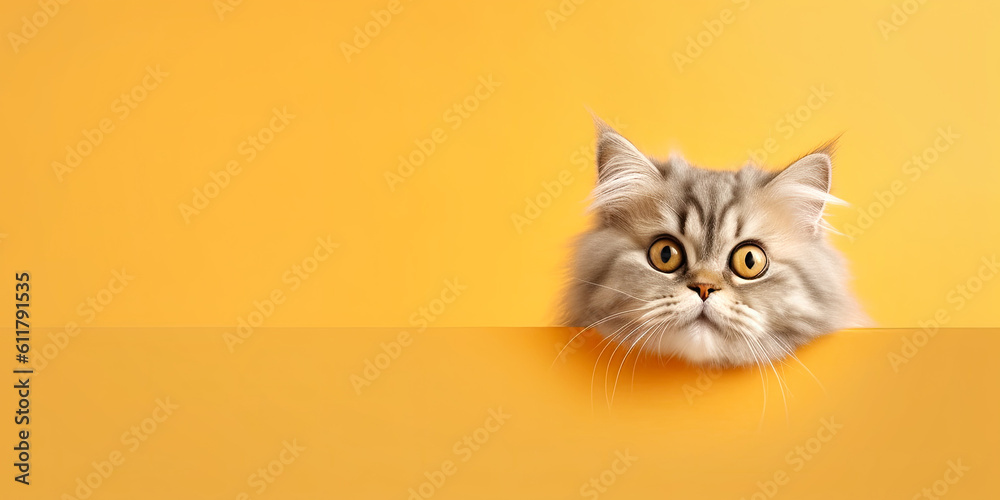 Surprised Cute Persian Kitten Above Orange Banner on Orange Background. AI generative.