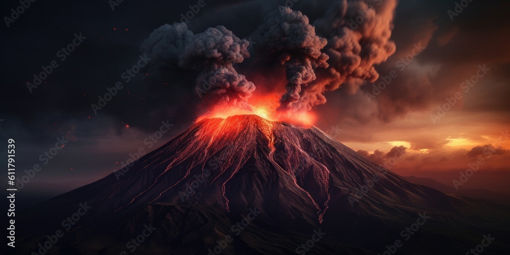 majestic volcano rising from the earth, with billowing smoke and molten lava flowing down its fiery slopes  Generative AI Digital Illustration Part#110623