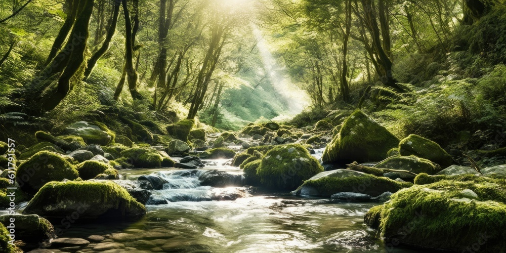 gentle mountain stream meandering through mossy rocks and lush vegetation, its crystal-clear waters creating a soothing and tranquil atmosphere  Generative AI Digital Illustration Part#110623