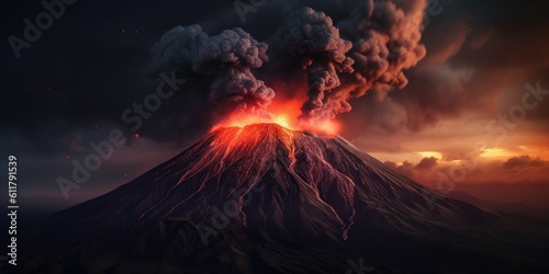 majestic volcano rising from the earth, with billowing smoke and molten lava flowing down its fiery slopes Generative AI Digital Illustration Part#110623