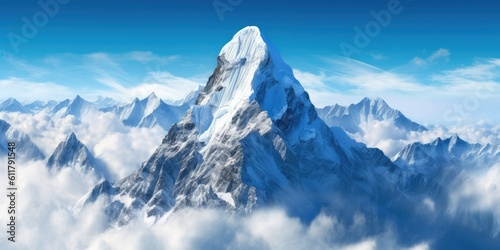 majestic snowy mountain peak towering above the clouds  its pristine white slopes contrasting against the deep blue sky  Generative AI Digital Illustration Part 110623