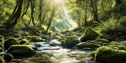gentle mountain stream meandering through mossy rocks and lush vegetation  its crystal-clear waters creating a soothing and tranquil atmosphere  Generative AI Digital Illustration Part 110623